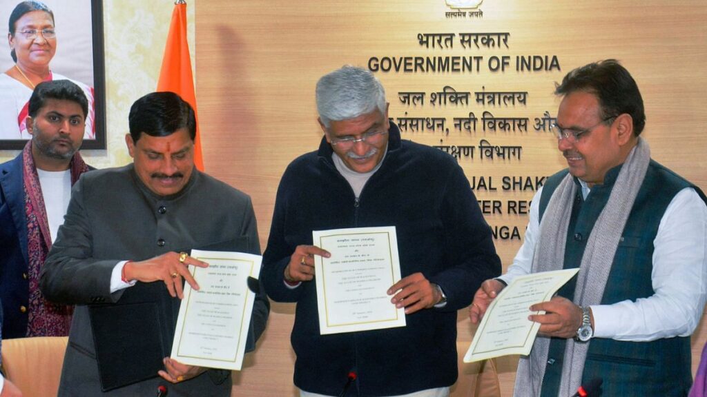 Madhya Pradesh Chief Minister Dr Mohan Yadav and Rajasthan CM Bhajanlal Sharma along with Union Minister Gajendra Singh Shekhawat signed an MoU for the revised Parvati-Kalisindh-Chambal Link Project in New Delhi on Sunday