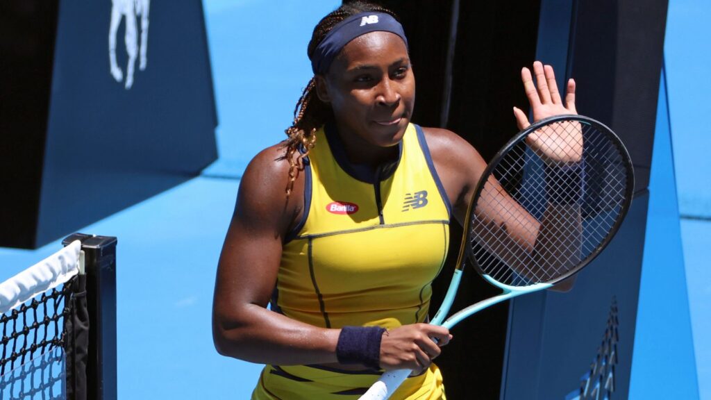 Coco Gauff of the U.S. waves after defeating Anna Karolina Schmiedlova of Slovakia in their first round match at the Australian Open tennis championships at Melbourne Park, Melbourne, Australia, Monday, Jan. 15, 2024. (AP Photo/Asanka Brendon Ratnayake)