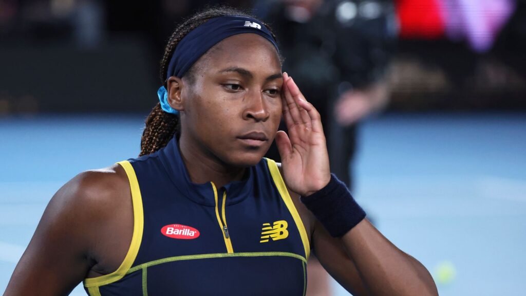 Coco Gauff of the U.S. reacts following her semifinal loss to Aryna Sabalenka of Belarus at the Australian Open tennis championships at Melbourne Park, Melbourne, Australia, Thursday, Jan. 25, 2024. (AP Photo/Asanka Brendon Ratnayake)