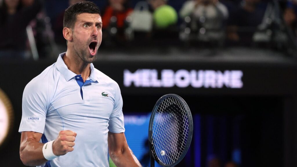 Novak Djokovic of Serbia reacts during his fourth round match against Adrian Mannarino of France at the Australian Open tennis championships at Melbourne Park, Melbourne, Australia, Sunday, Jan. 21, 2024. (AP Photo/Asanka Brendon Ratnayake)