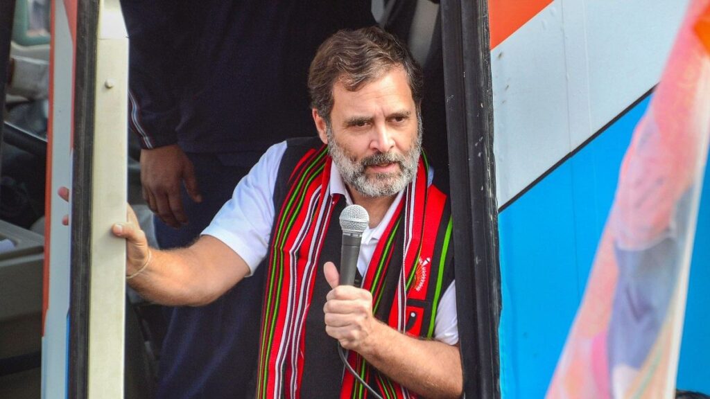 Congress leader Rahul Gandhi addresses supporters during the