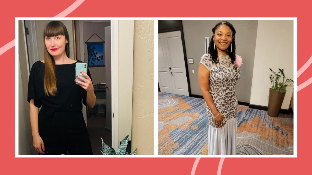 Teacher taking selfie wearing black jumpsuit and teacher in champagne sequin prom dress.