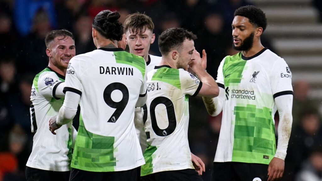 Diogo Jota is congratulated after giving Liverpool a 3-0 lead at Bournemouth