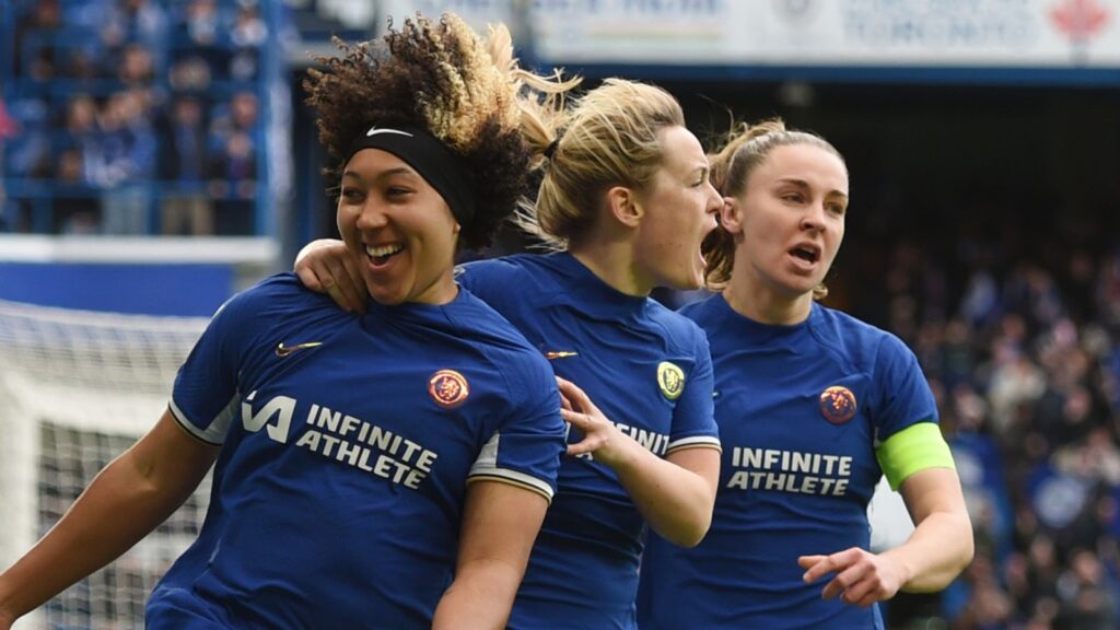 Lauren James celebrates after opening the scoring for Chelsea against Manchester United