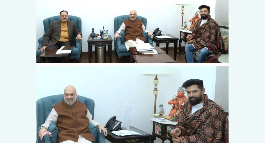 Lok Janshakti Party (Ram Vilas) chief Chirag Paswan with Union Home Minister Amit Shah and Bharatiya Janata Party (BJP) national president J.P. Nadda