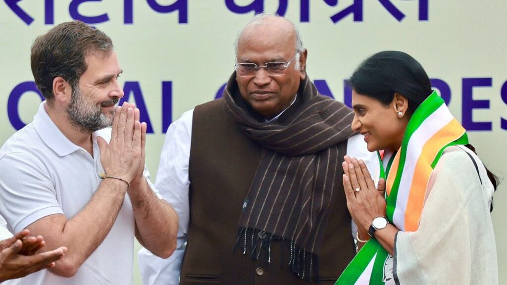 YSR Telangana Party chief YS Sharmila joins Congress and merges her party in the presence of Congress president Mallikarjun Kharge and party leader Rahul Gandhi