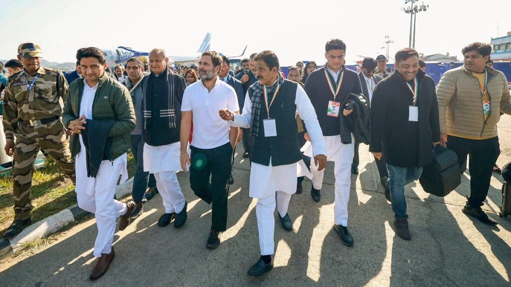 Congress leaders Rahul Gandhi, Ashok Gehlot, Sachin Pilot, KC Venugopal, Deepender Singh Hooda and others upon their arrival in Imphal ahead of the ‘Bharat Jodo Nyay Yatra’