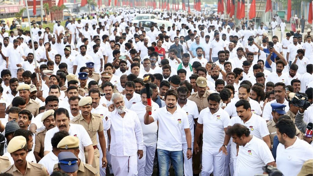 Tamil Nadu Minister for Youth Welfare and Sports Development Udhayanidhi Stalin with others during the inauguration of the torchlight procession on the occasion of DMK