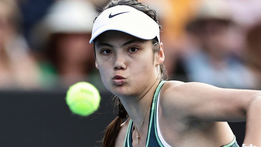 Emma Raducanu of Great Britain plays a forehand return to Elina Svitolina of Ukraine at the ASB Tennis Classic in Auckland, New Zealand, Thursday, Jan. 4, 2024. (David Rowland/Photosport via AP)