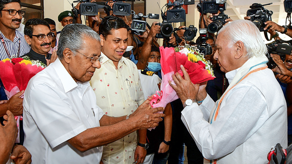 Kerala Chief Minister Pinarayi Vijayan and Assembly Speaker A.N. Shamseer welcome Governor Arif Mohammed Khan on first day of assembly session in Thiruvananthapuram on Thursday