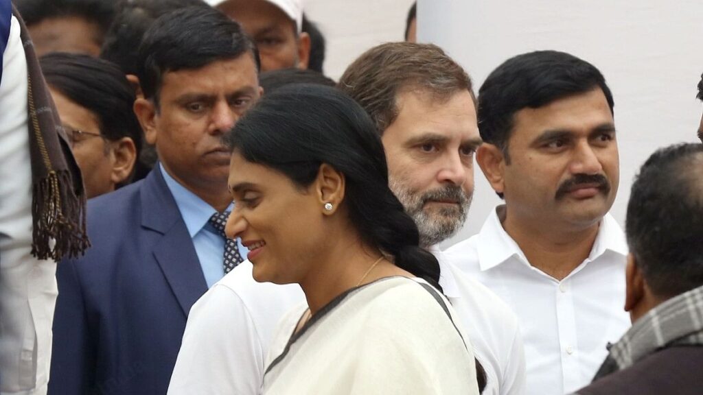 YS Sharmila with Rahul Gandhi at AICC HQ in Delhi, Thursday