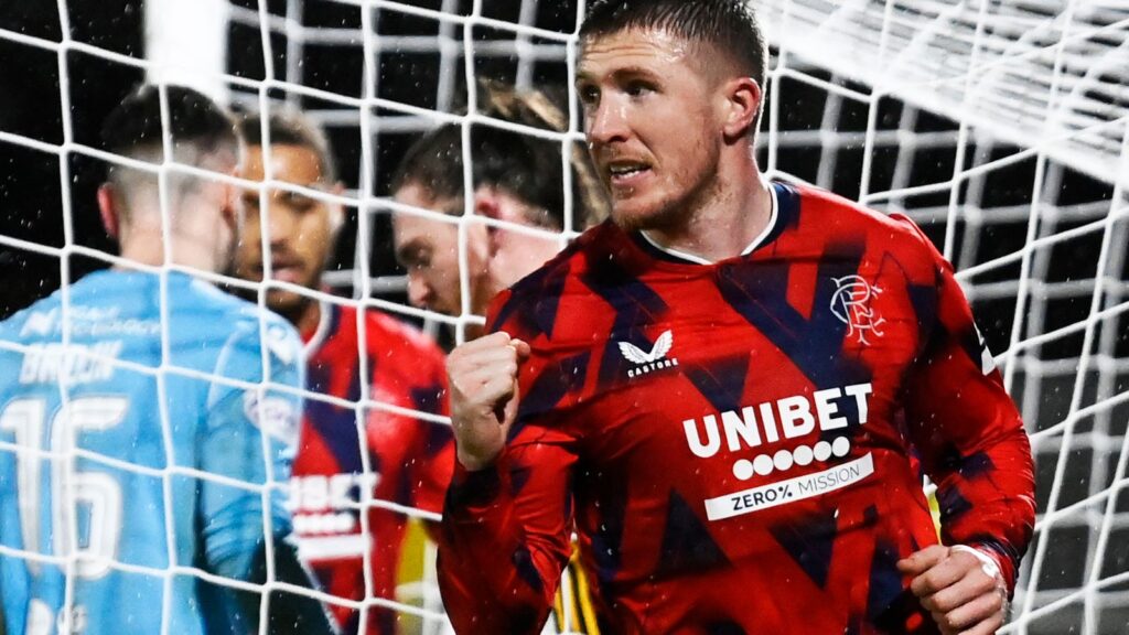 DUMBARTON, SCOTLAND - JANUARY 20: John Lundstram celebrates scoring to make it 1-0 Rangers  during a Scottish Gas Scottish Cup fourth round match between Dumbarton and Rangers at the Dumbarton Football Stadium, on January 20, 2024, in Dumbarton, Scotland.  (Photo by Rob Casey / SNS Group)