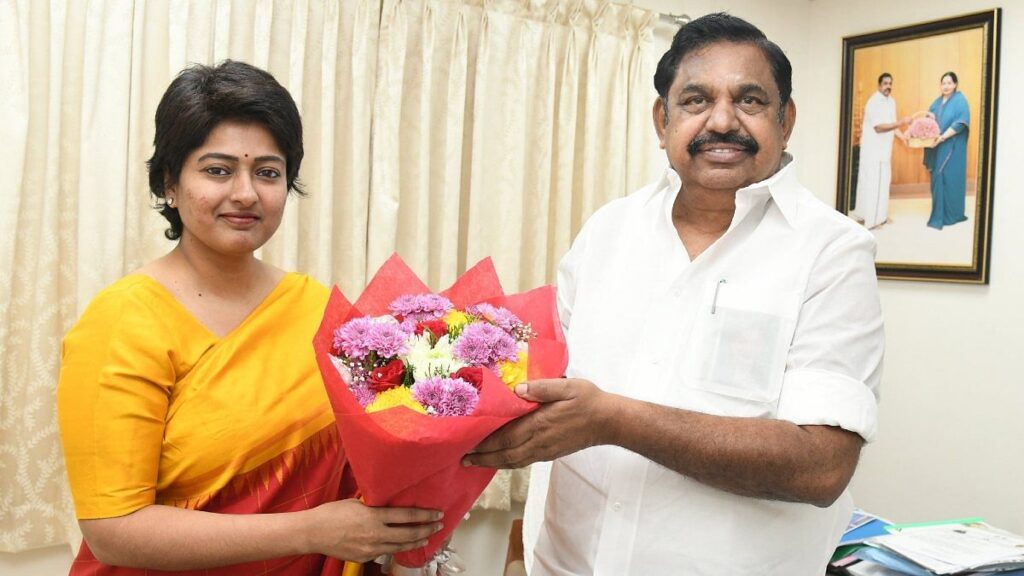 Actor Gayathri Raghuram with AIADMK general secretary Edappadi K. Palaniswami