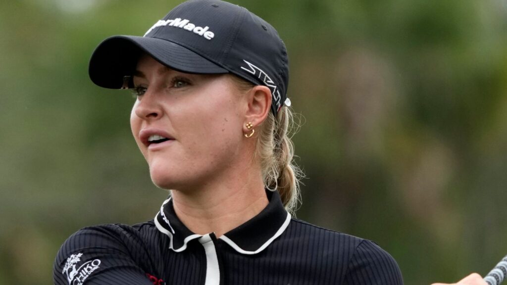 Charley Hull, of England, plays her shot from the third tee during the first round of the LPGA CME Group Tour Championship golf tournament, Thursday, Nov. 16, 2023, in Naples, Fla. (AP Photo/Lynne Sladky)