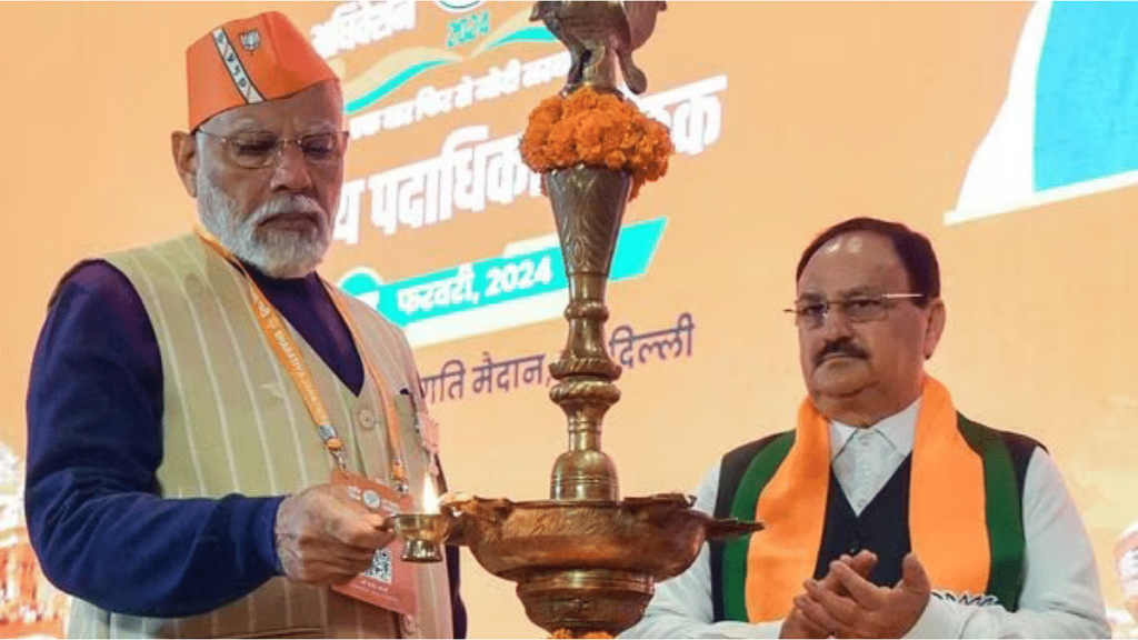 Prime Minister Narendra Modi and BJP national president J.P. Nadda at Bharat Mandapam in New Delhi Saturday