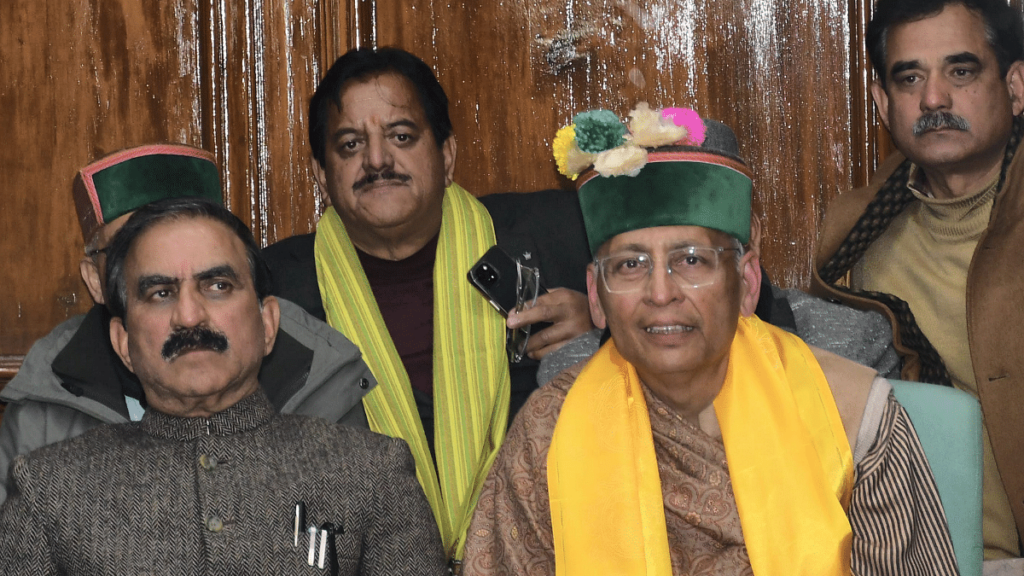 Himachal Pradesh CM Sukhvinder Singh Sukhu with Congress candidate Abhishek Manu Singhvi at a press conference after the latter lost the Rajya Sabha election