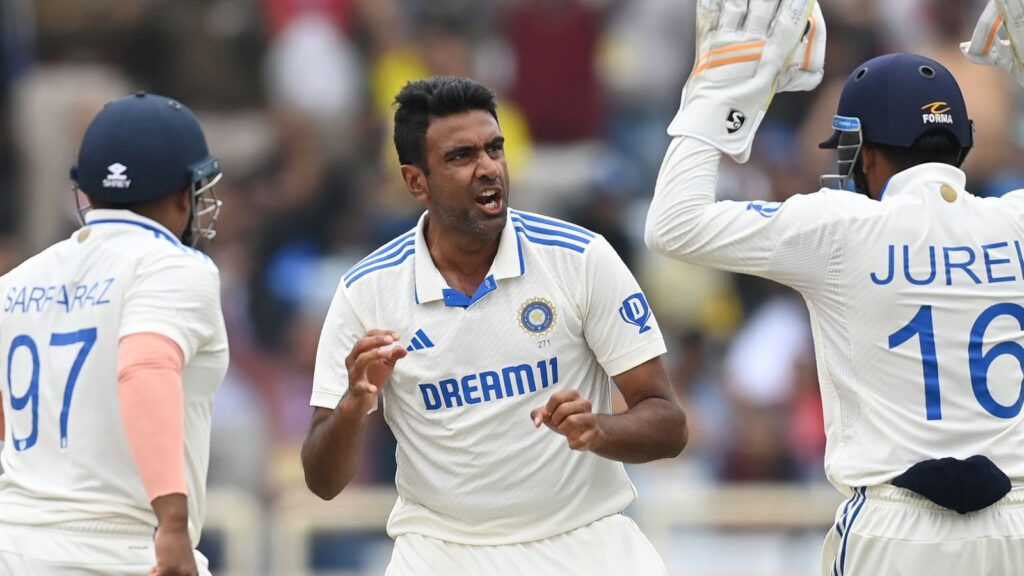 Ravichandran Ashwin celebrates as he takes two wickets in two balls early in the England second innings