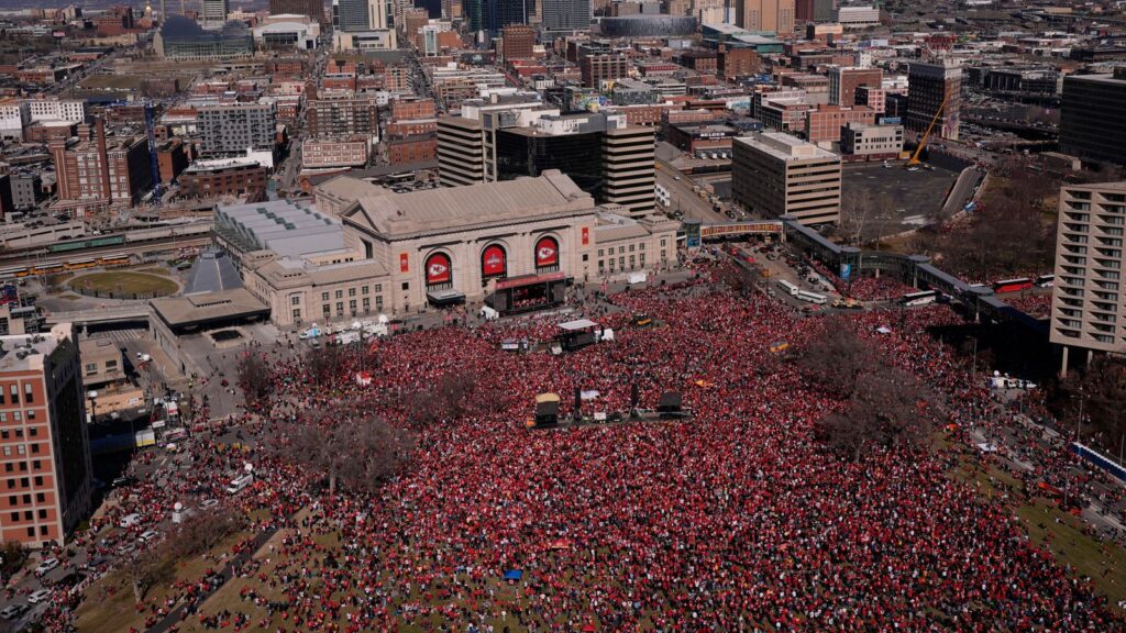 The Kansas City Chiefs celebrate during their victory parade in Kansas City, Mo., Wednesday, Feb. 14, 2024. The Chiefs defeated the San Francisco 49ers Sunday in the NFL Super Bowl 58 football game. (AP Photo/Charlie Riedel)