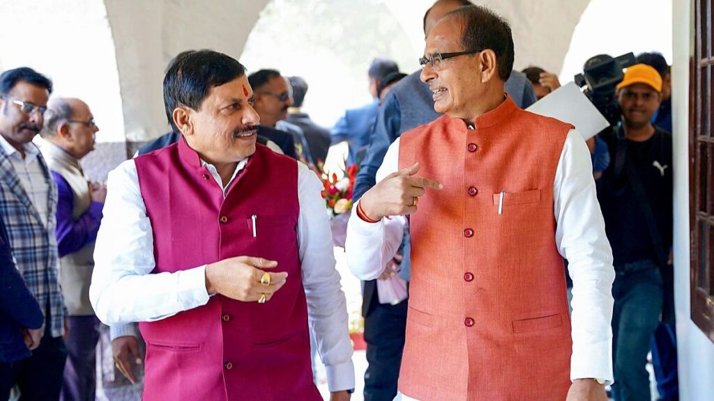 Madhya Pradesh Chief Minister Mohan Yadav with former state CM Shivraj Singh Chouhan in Bhopal