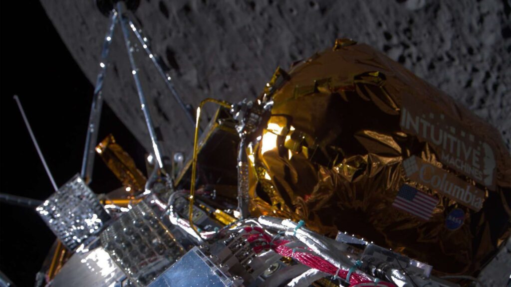 Moon lander tipped sideways on lunar surface but 'alive and well'