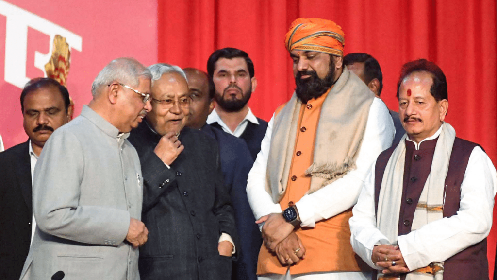 File photo of Bihar Chief Minister Nitish Kumar, Governor Rajendra Vishwanath Arlekar and Deputy CMs Samrat Chaudhary and Vijay Kumar Sinha at Raj Bhavan