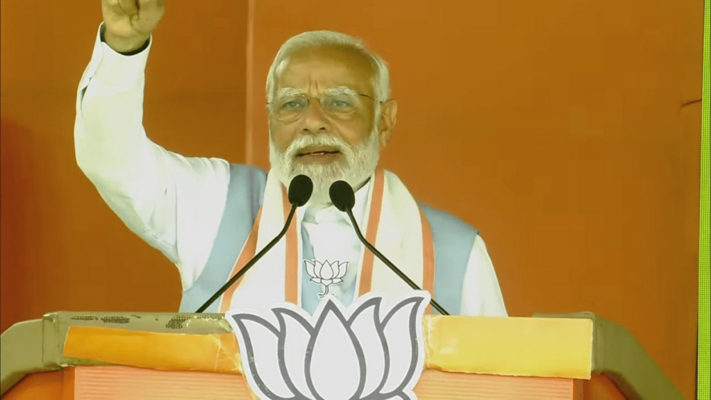 PM Narendra Modi addresses the people at a BJP rally during his trip to Tamil Nadu