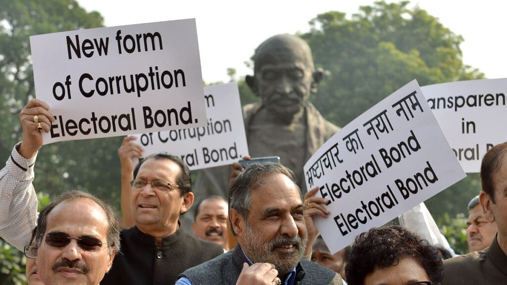 File photo of a protest against the electoral bond scheme in 2019