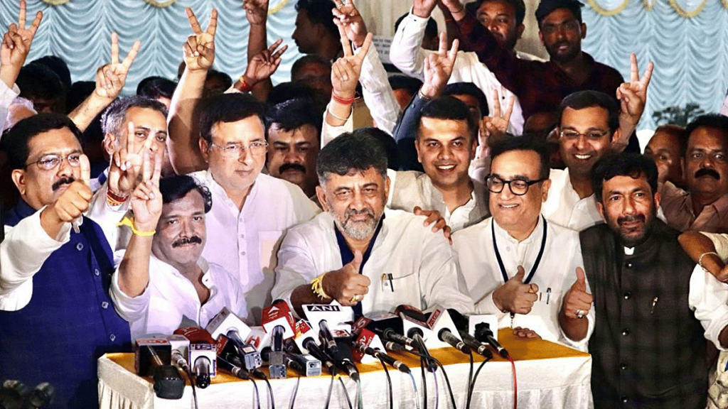 Karnataka Deputy Chief Minister DK Shivakumar addresses a press conference after Congress candidates Ajay Maken, Naseer Hussain, and G.C. Chandrashekhar won Rajya Sabha elections from the state