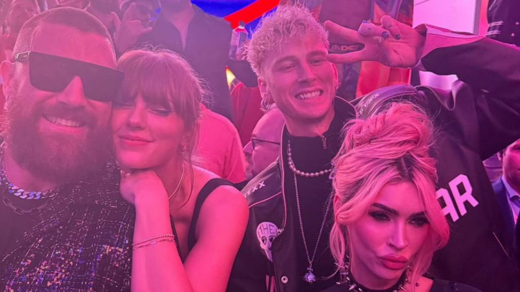 Taylor Swift and Travis Kelce Hang With Megan Fox, MGK at Super Bowl After-Party