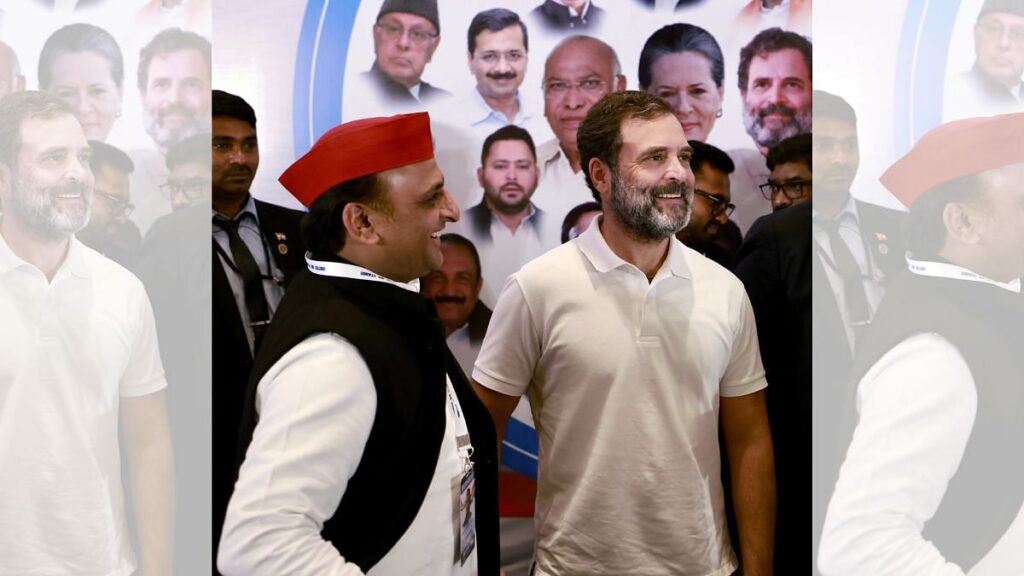 File photo of Congress leader Rahul Gandhi with Samajwadi Party (SP) Chief Akhilesh Yadav, July 2023