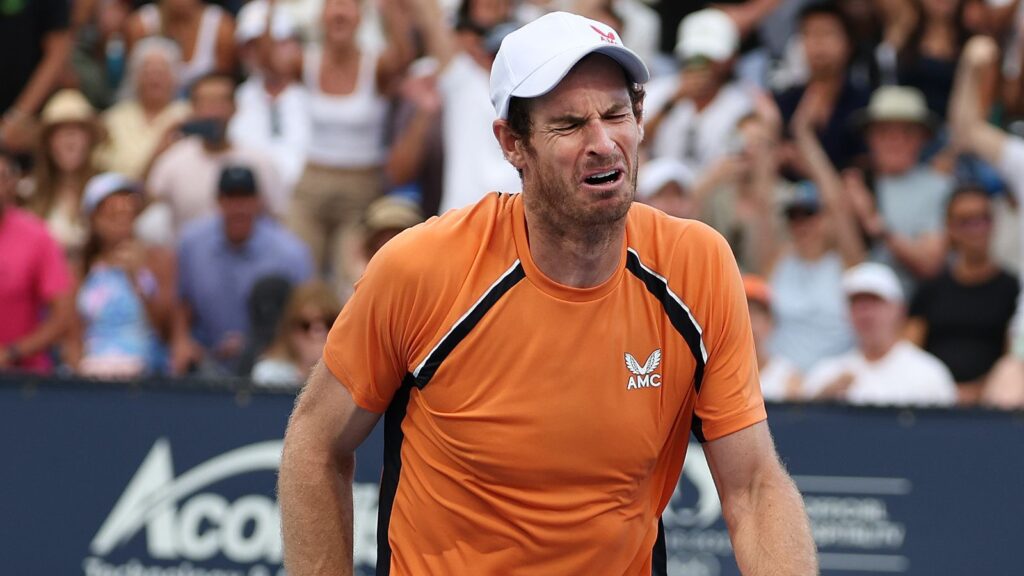 Andy Murray of Great Britain screams in pain after hurting his left ankle during his match against Tomas Machac of the Czech Republic on Day 9 of the Miami Open at Hard Rock Stadium on March 24, 2024 in Miami Gardens, Florida. (Photo by Al Bello/Getty Images)