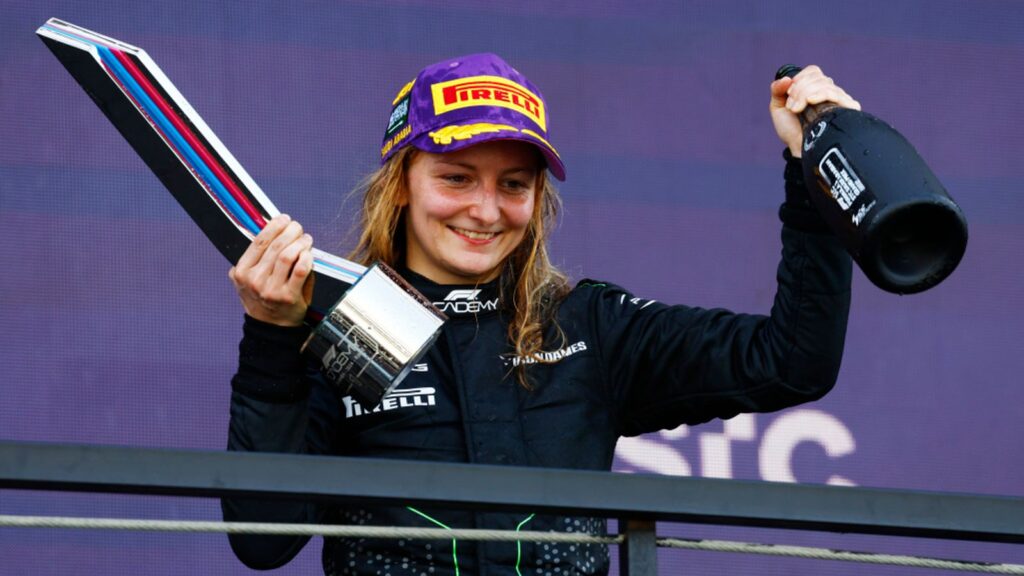 JEDDAH STREET CIRCUIT, SAUDI ARABIA - MARCH 08: Doriane Pin (FRA, Prema Racing), 1st position, celebrates on the podium during the Jeddah at Jeddah Street Circuit on March 08, 2024 in Jeddah Street Circuit, Saudi Arabia. (Photo by Sam Bloxham / LAT Images)