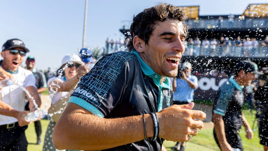 Individual Champion, Captain Joaqu..n Niemann of Torque GC celebrates after the final round of LIV Golf Jeddah at the Royal Greens Golf & Country Club on Sunday, March 03, 2024 in King Abdullah Economic City, Saudi Arabia. (Photo by Jon Ferrey/LIV Golf via AP)