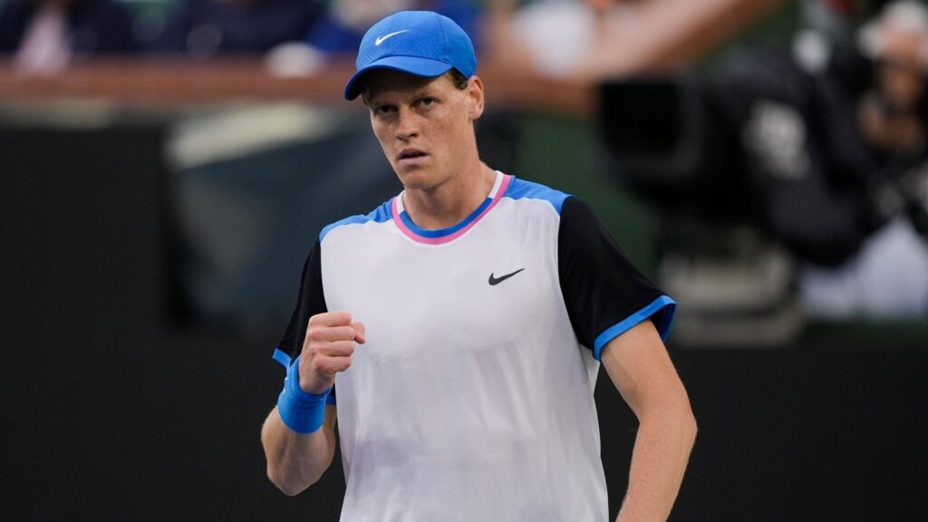 Jannik Sinner, of Italy, reacts after winning a game against Carlos Alcaraz, of Spain, during a semifinal at the BNP Paribas Open tennis tournament in Indian Wells, Calif., Saturday, March 16, 2024. (AP Photo/Ryan Sun)