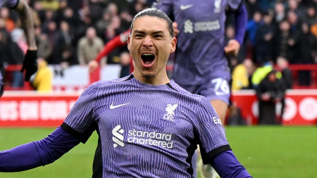 Darwin Nunez celebrates after scoring a late winner for Liverpool against Nottingham Forest