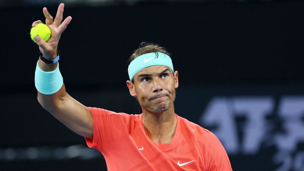 Rafael Nadal of Spain waves to the crowd in his match against Dominic Thiem of Austria during the Brisbane International tennis tournament in Brisbane, Australia, Tuesday, Jan. 2, 2024. (AP Photo/Tertius Pickard)