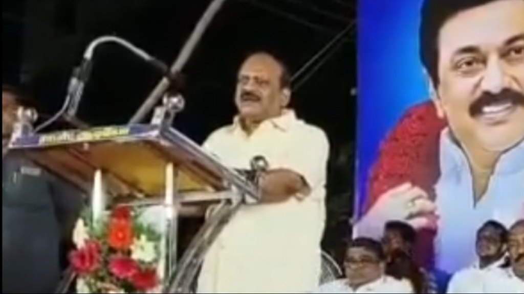 Tamil Nadu Minister TM Anbarasan addressing a public rally. (Photo: Screengrab)