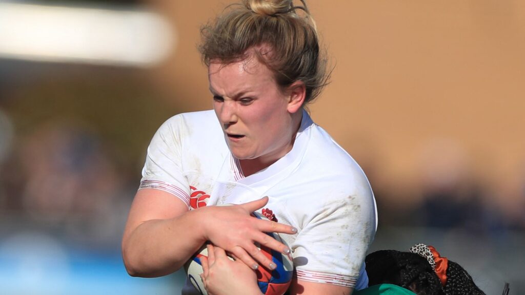 England's Lark Davies is tackled by Ireland's Linda Djougang during the Women's Six Nations match at Castle Park, Doncaster. PA Photo. Picture date: Sunday February 23, 2020. See PA story RUGBYU England Women. Photo credit should read: Adam Davy/PA Wire. RESTRICTIONS: Editorial use only, No commercial use without prior permission