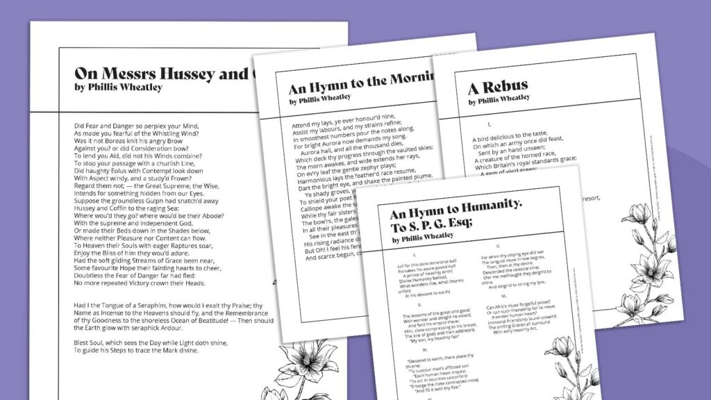 Printable Phillis Wheatley poems on a purple background.