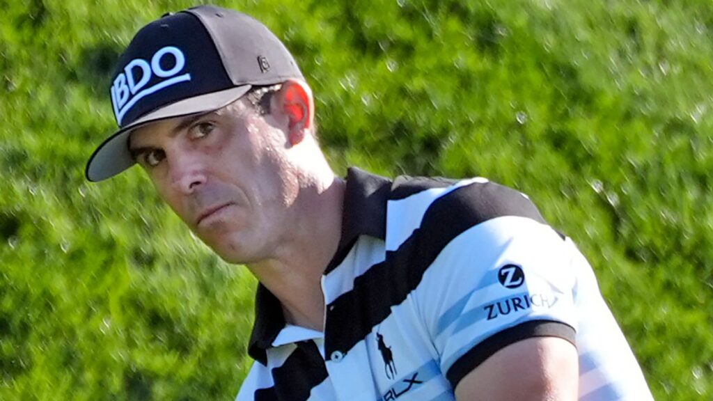 Billy Horschel chips from the rough along the second green during the first round of The Players Championship golf tournament Thursday, March 14, 2024, in Ponte Vedra Beach, Fla. (AP Photo/Marta Lavandier)