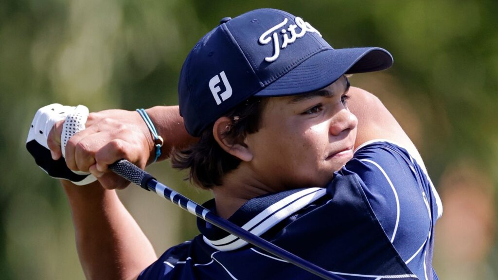 HOBE SOUND, FL - FEBRUARY 22: Charlie Woods, son of Tiger Woods, hits a tee shot during pre-qualifying for The Cognizant Classic in The Palm Beaches at Lost Lake Golf Club on February 22, 2024 in Hobe Sound, Florida. (Photo by Joe Robbins/Icon Sportswire) (Icon Sportswire via AP Images)