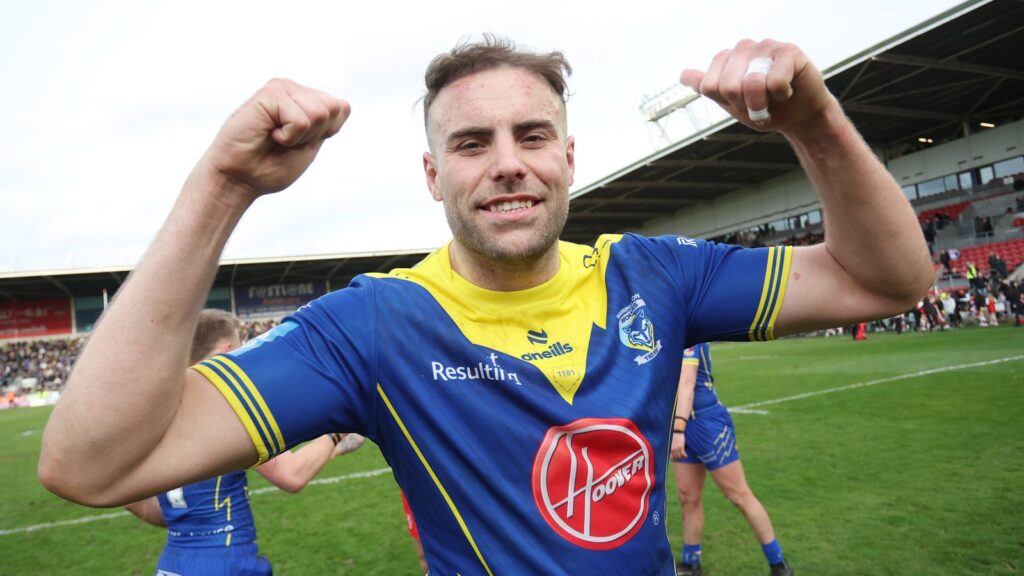 Picture by Ed Sykes/SWpix.com - 14/04/2024 - Rugby League - Betfred Challenge Cup Quarter Final - St Helens v Warrington Wolves - The Totally Wicked Stadium, St Helens, England - Warrington Wolves' James Harrison celebrates after the game