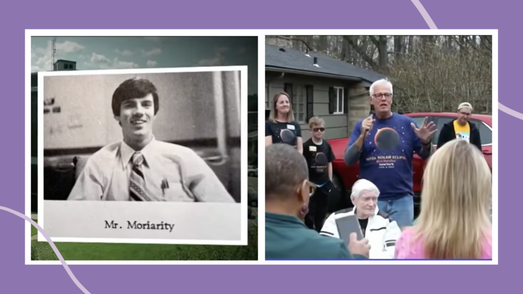 Photo of solar eclipse teacher Patrick Moriarty in 1978 and 2024