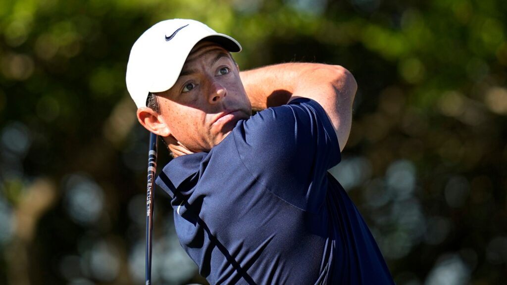 Rory McIlroy hits his drive on the 18th hole during the second round of the Texas Open